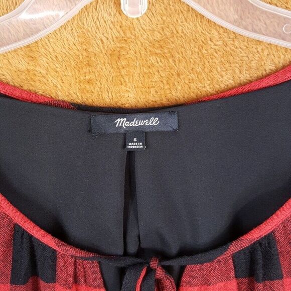 MADEWELL Womens Dress Small Red Pullover Shift Buffalo Plaid Tie Front Keyhole - Picture 2 of 7